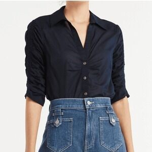 Veronica Beard Porta Ruched-Sleeve Button-Front Cotton Shirt in Black Size Small